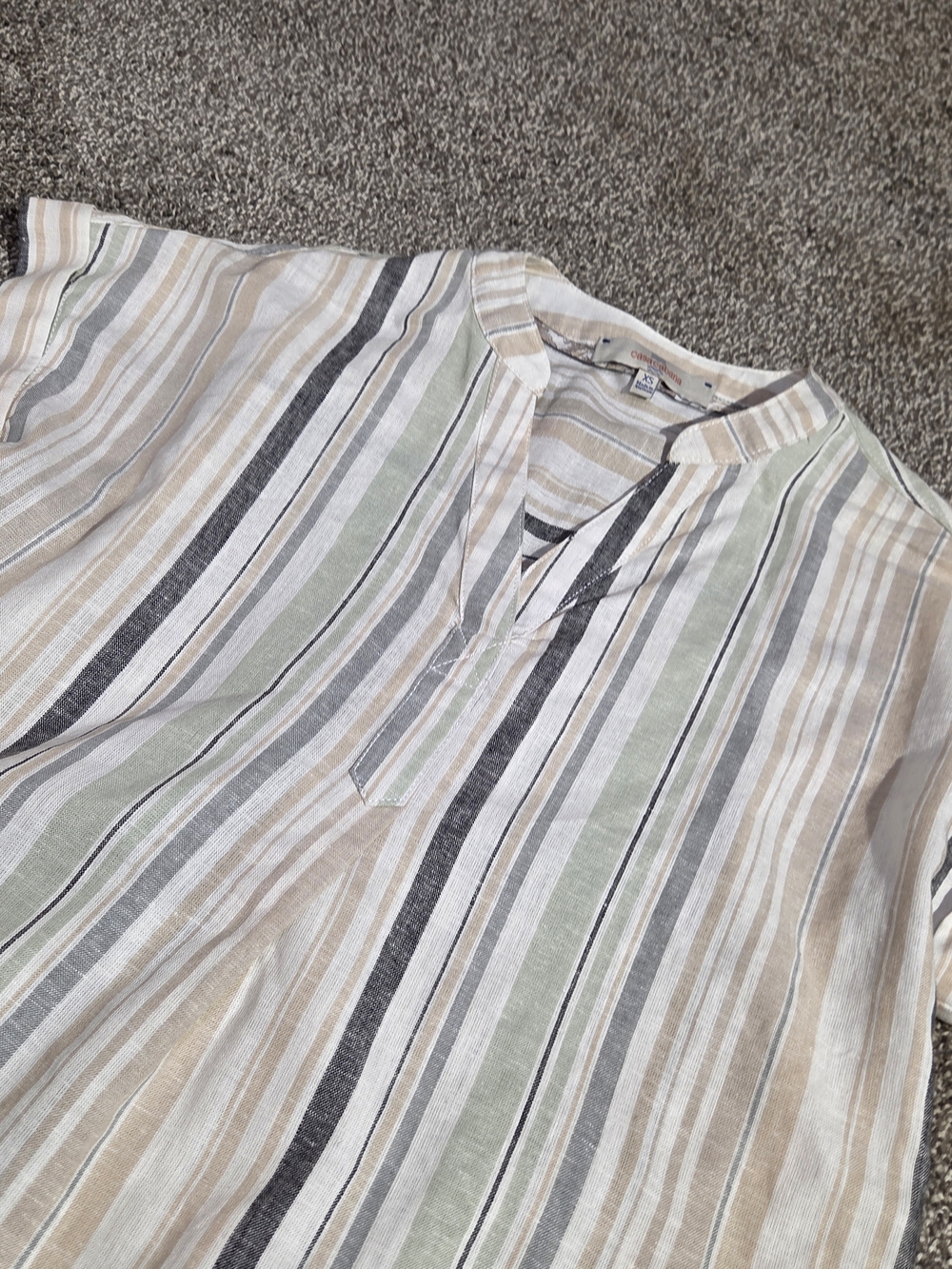 Striped Split-Neck Blouse in Beige, Sage & Black